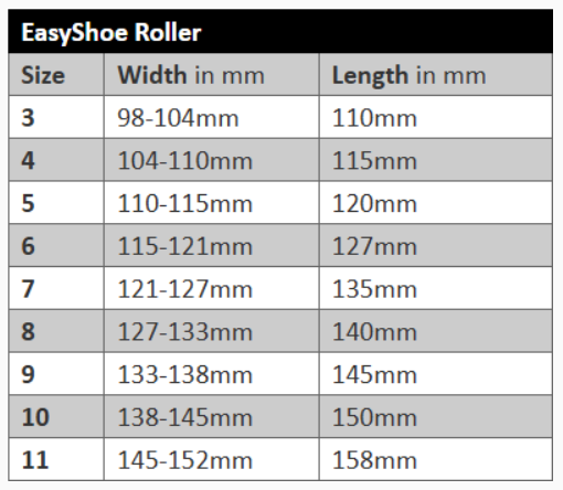 EasyShoe Roller Size Chart