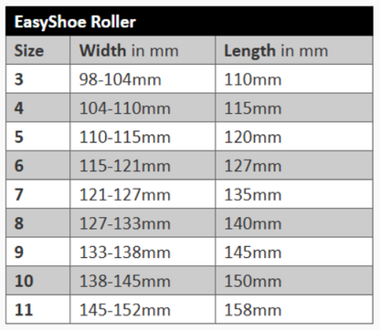 EasyShoe Roller Size Chart
