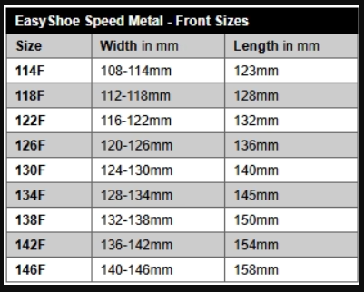 EasyShoe Speed Metal Sizing Chart - Front Sizes