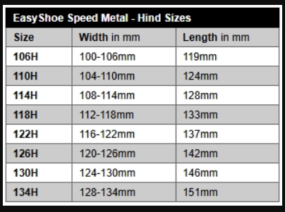EasyShoe Speed Metal Sizing Chart - Hind Sizes