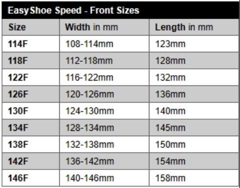 EasyShoe Speed Size Chart - Front Sizes
