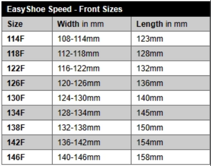 EasyShoe Speed Size Chart - Front Sizes