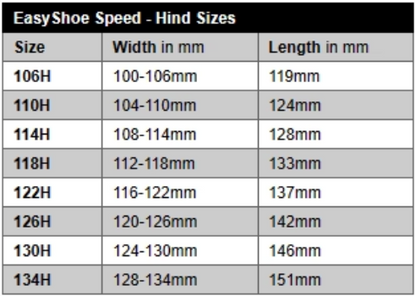 EasyShoe Speed Size Chart - Hind Sizes