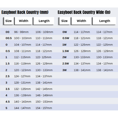 Easyboot Back Country Size Charts