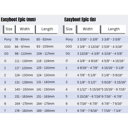 Easyboot Epic Size Chart