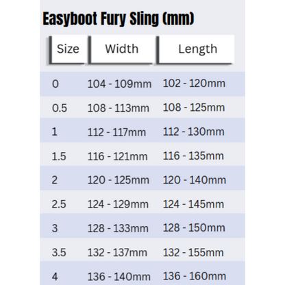 Easyboot Fury Sling Size Chart
