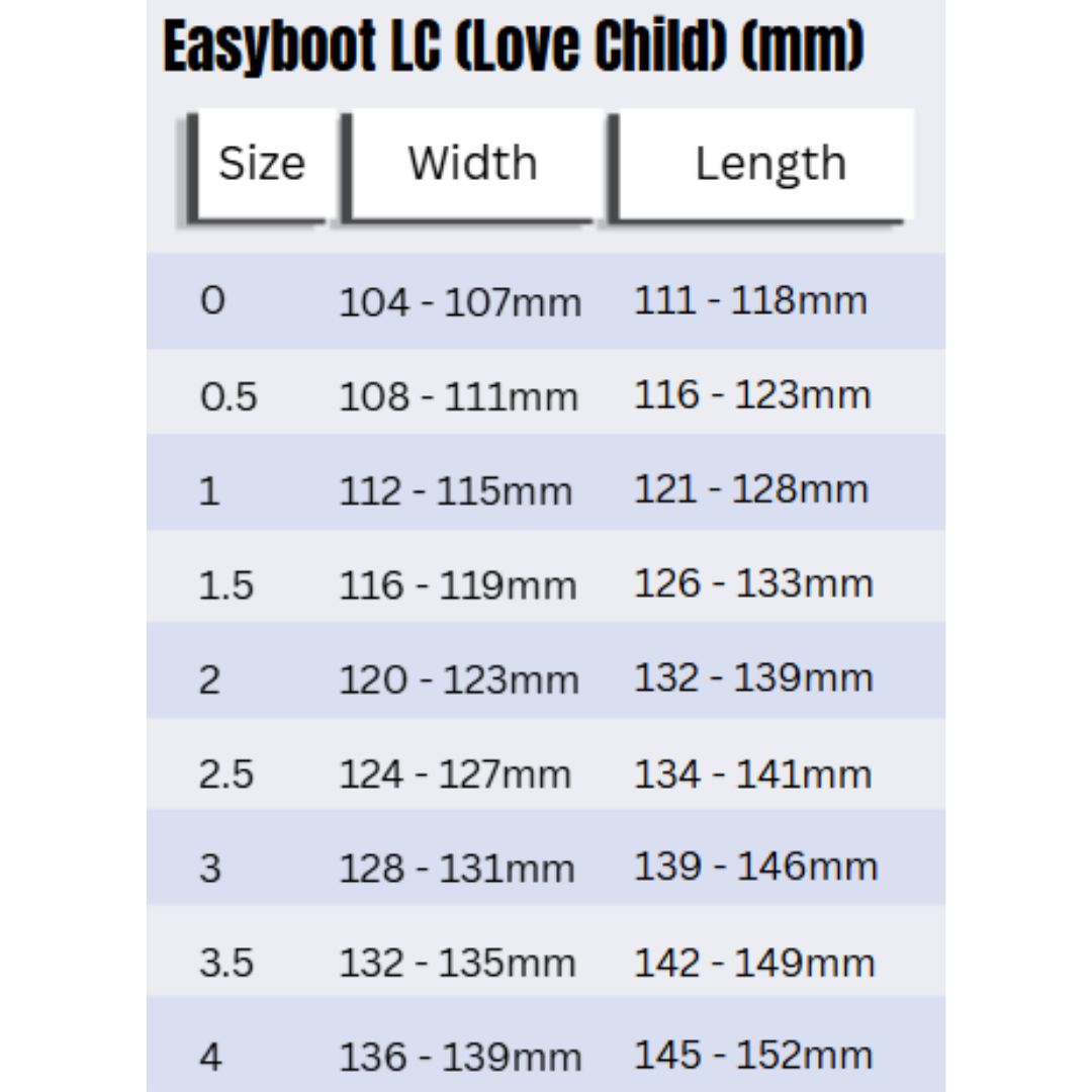 Easyboot LC (Love Child) Size Chart