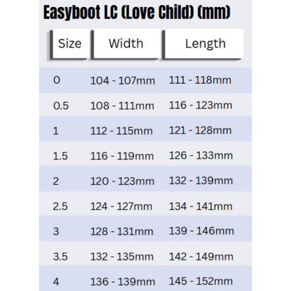 Easyboot LC (Love Child) Size Chart