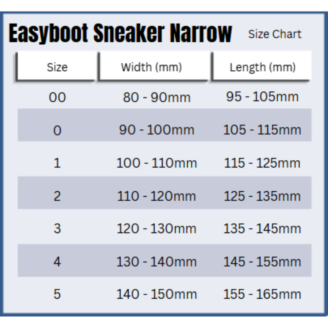 Easyboot Sneaker Narrow Size Chart