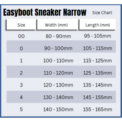 Easyboot Sneaker Narrow Size Chart