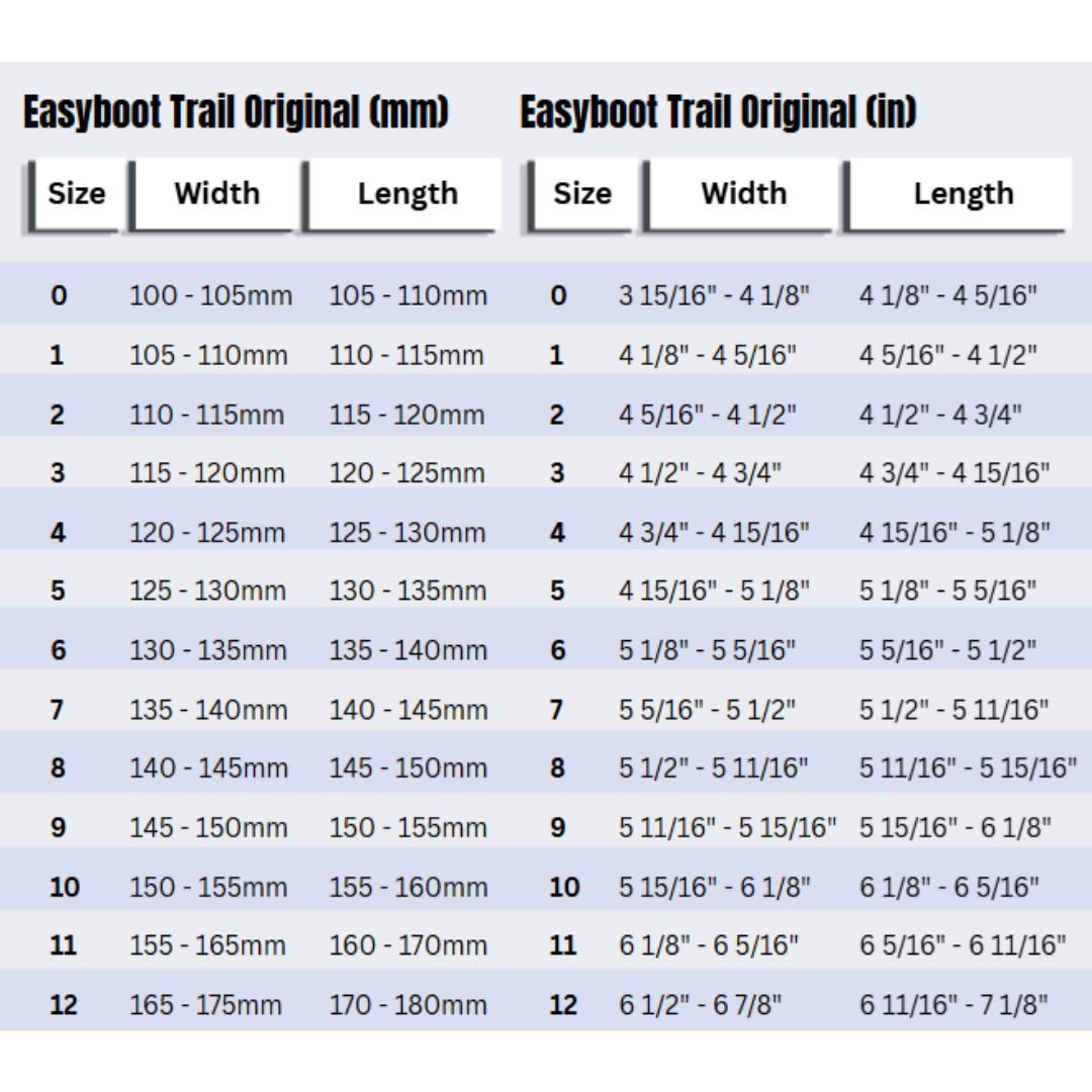 Easyboot Trail Original Size Chart