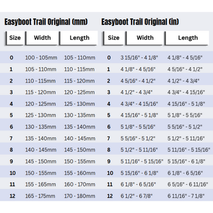Easyboot Trail Original Size Chart