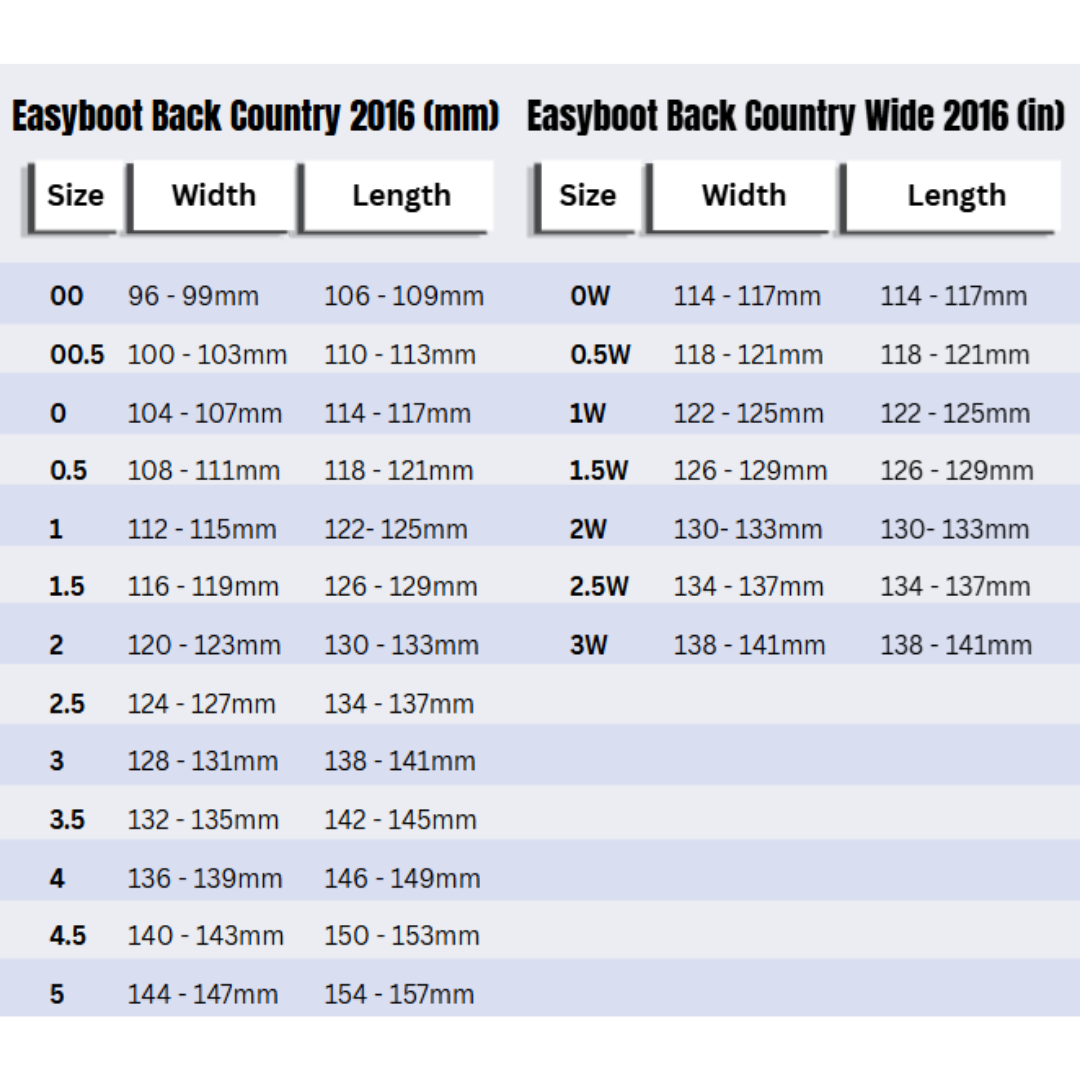 Easyboot Back Country 2016 Size Charts