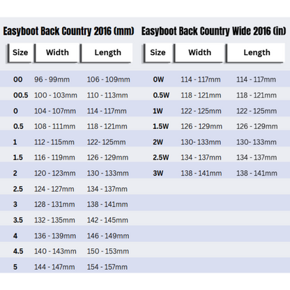 Easyboot Back Country 2016 Size Charts