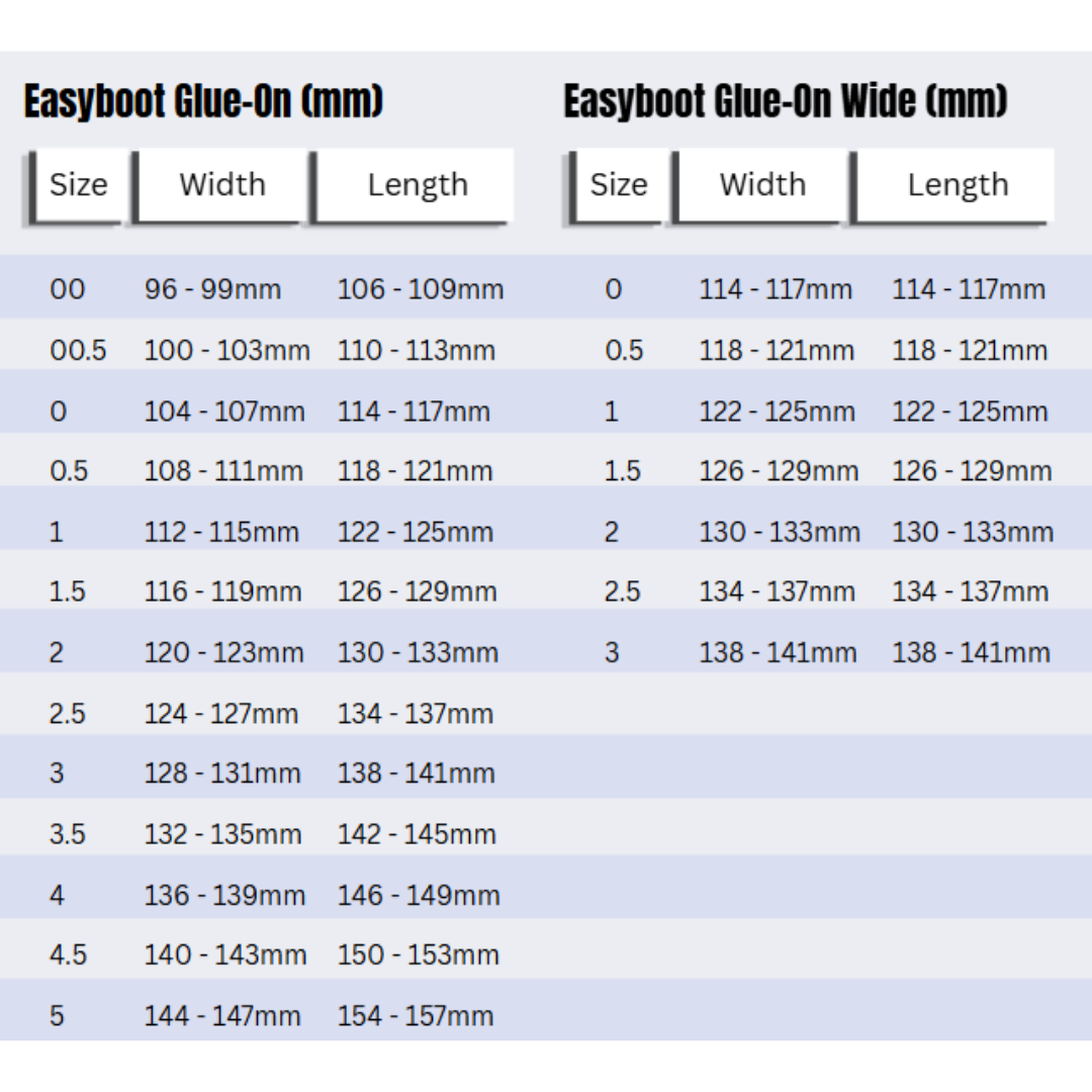 Easyboot Glue-On Size Charts