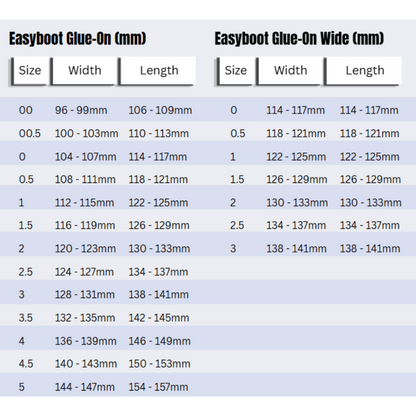 Easyboot Glue-On Size Charts