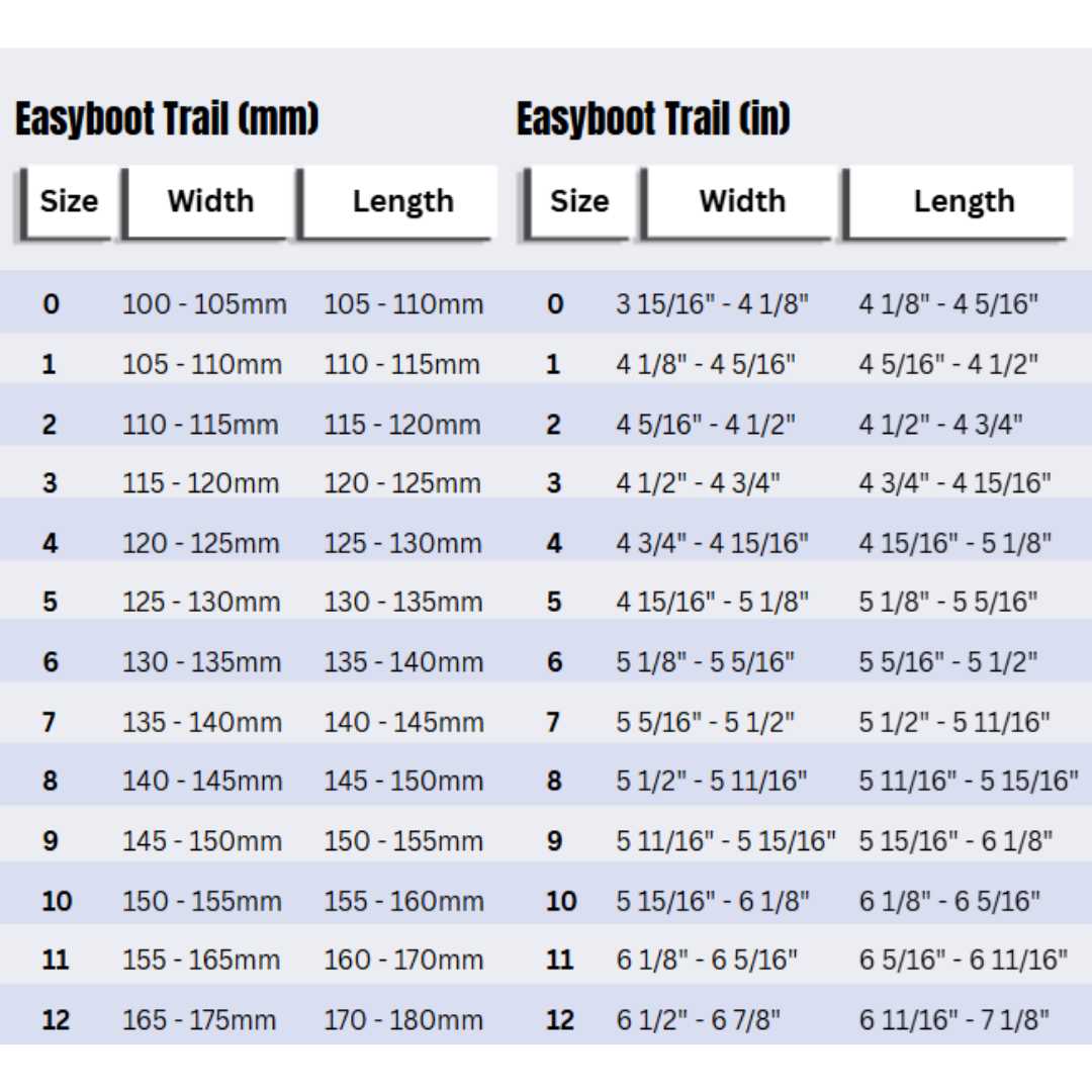 Easyboot Trail Size Chart