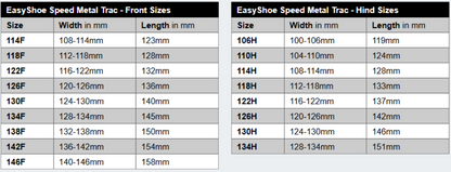 EasyShoe Speed Metal Trac Size Chart
