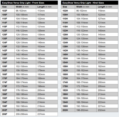 EasyCare EasyShoe Versa Grip Light Size Chart