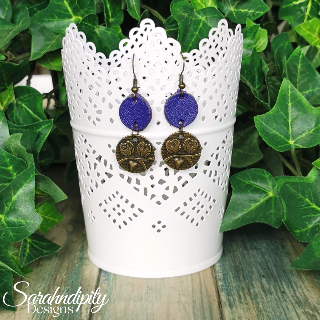 Purple Brass Owl Leather Earrings