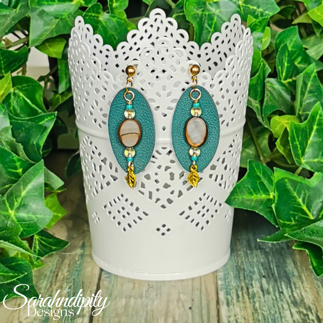 Teal and Gold Leaf Leather Earrings