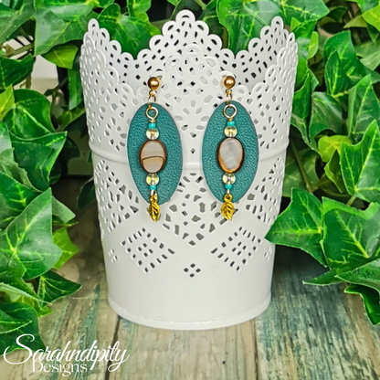 Teal and Gold Leaf Leather Earrings
