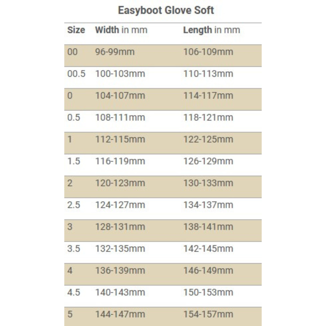 EasyCare Easyboot Glove Soft Size Chart