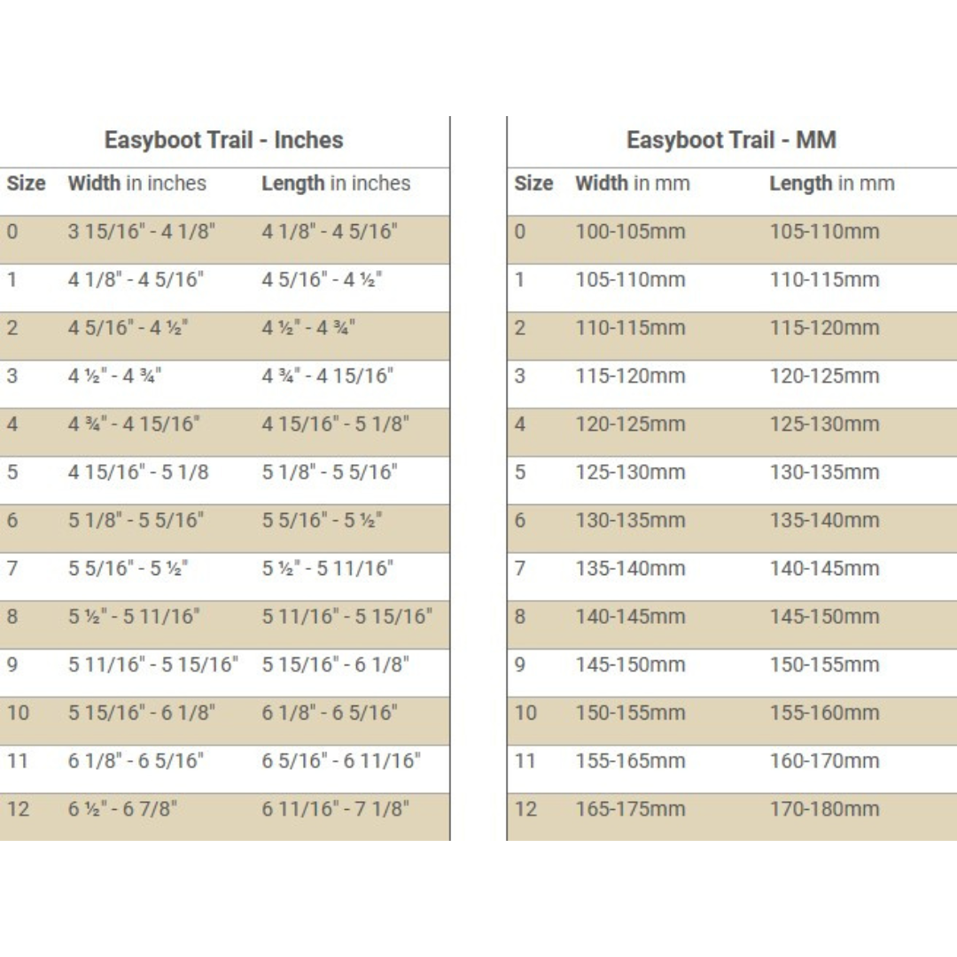 EasyCare Easyboot Trail Original Size Chart