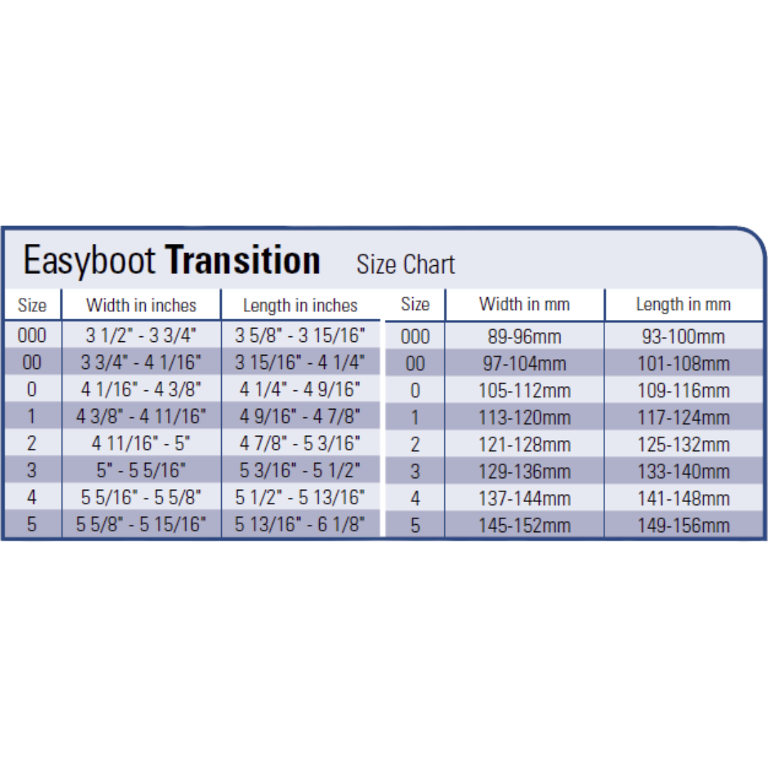 EasyCare Easyboot Transition Size Chart
