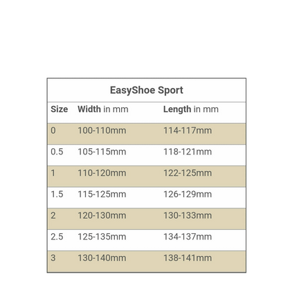 EasyCare Easyshoe Sport Size Chart