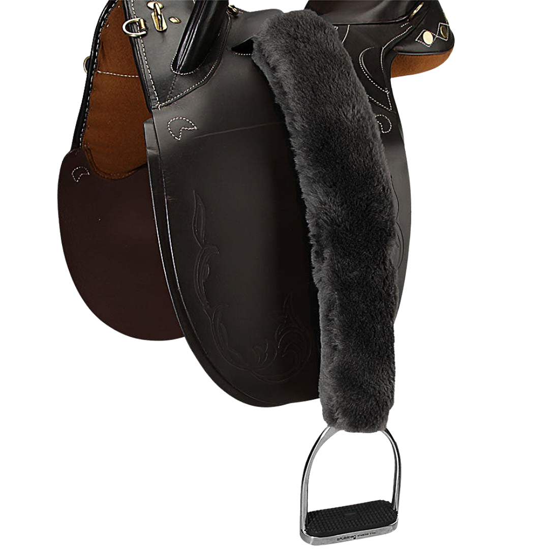 Sheepskin 1.5" Stirrup Leather Covers Tube Style Pair in Black on Saddle