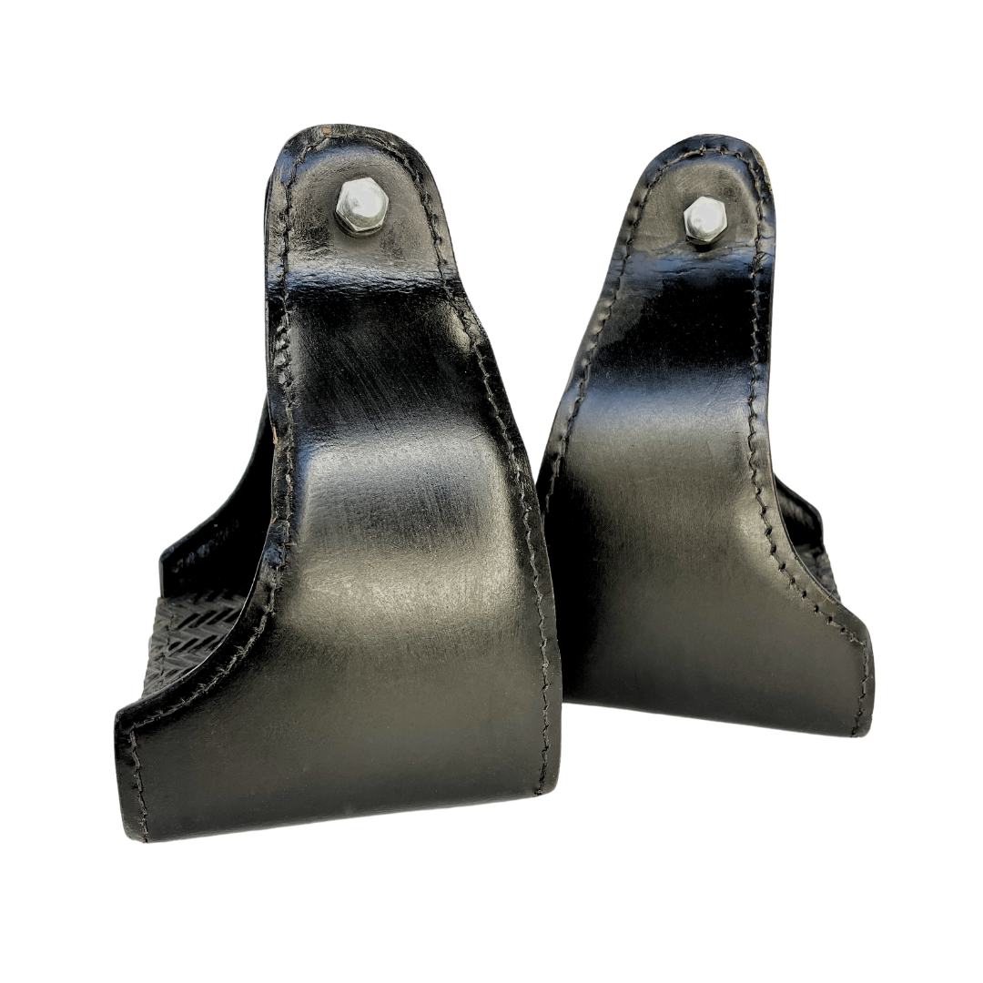 Tough1 Leather Covered Narrow Neck Endurance Stirrups in Black Side View