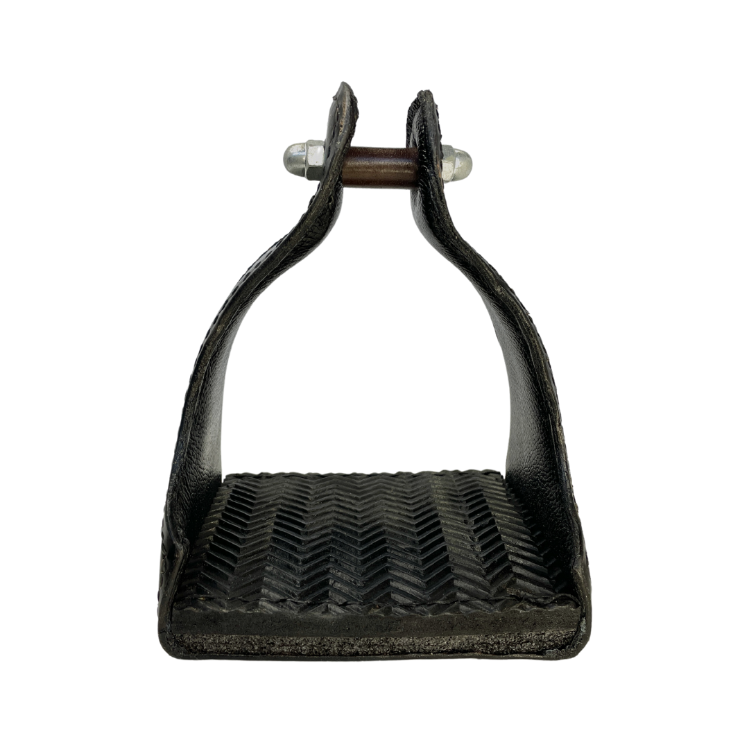 Tough1 Leather Covered Narrow Neck Endurance Stirrups in Black Front View