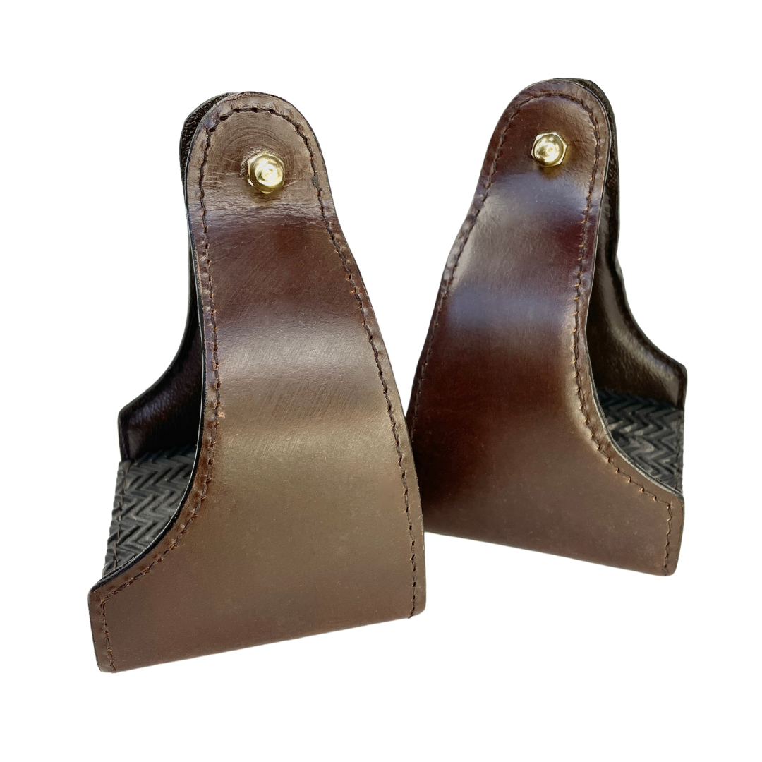 Tough1 Leather Covered Narrow Neck Endurance Stirrups in Brown Side View