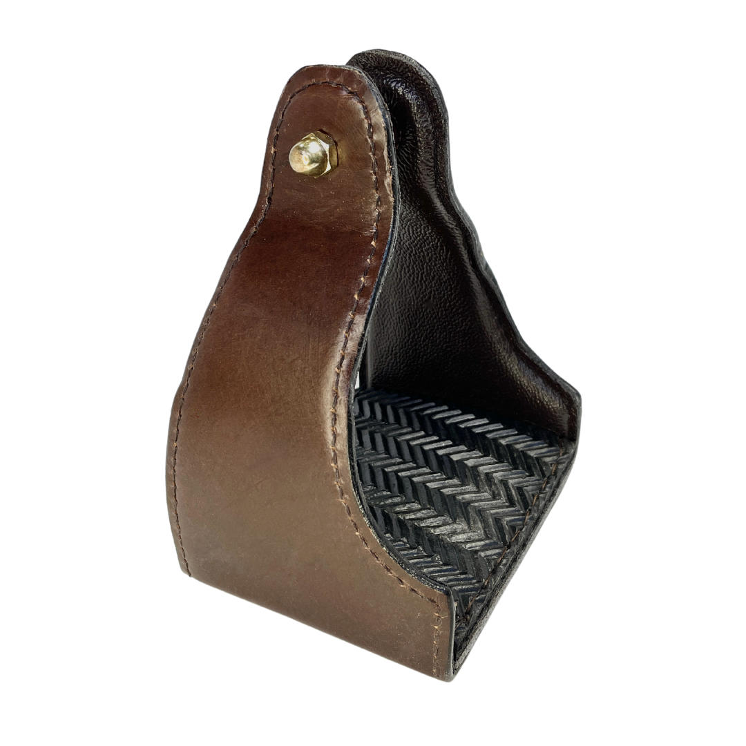 Tough1 Leather Covered Narrow Neck Endurance Stirrups - Brown Heel View