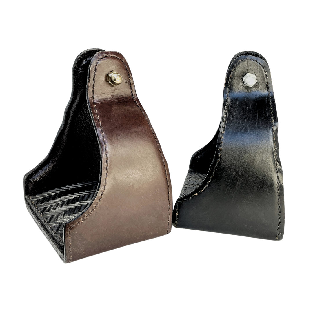 Tough1 Leather Covered Narrow Neck Endurance Stirrups in Black & Brown