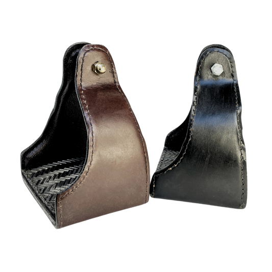 Tough1 Leather Covered Narrow Neck Endurance Stirrups in Black & Brown