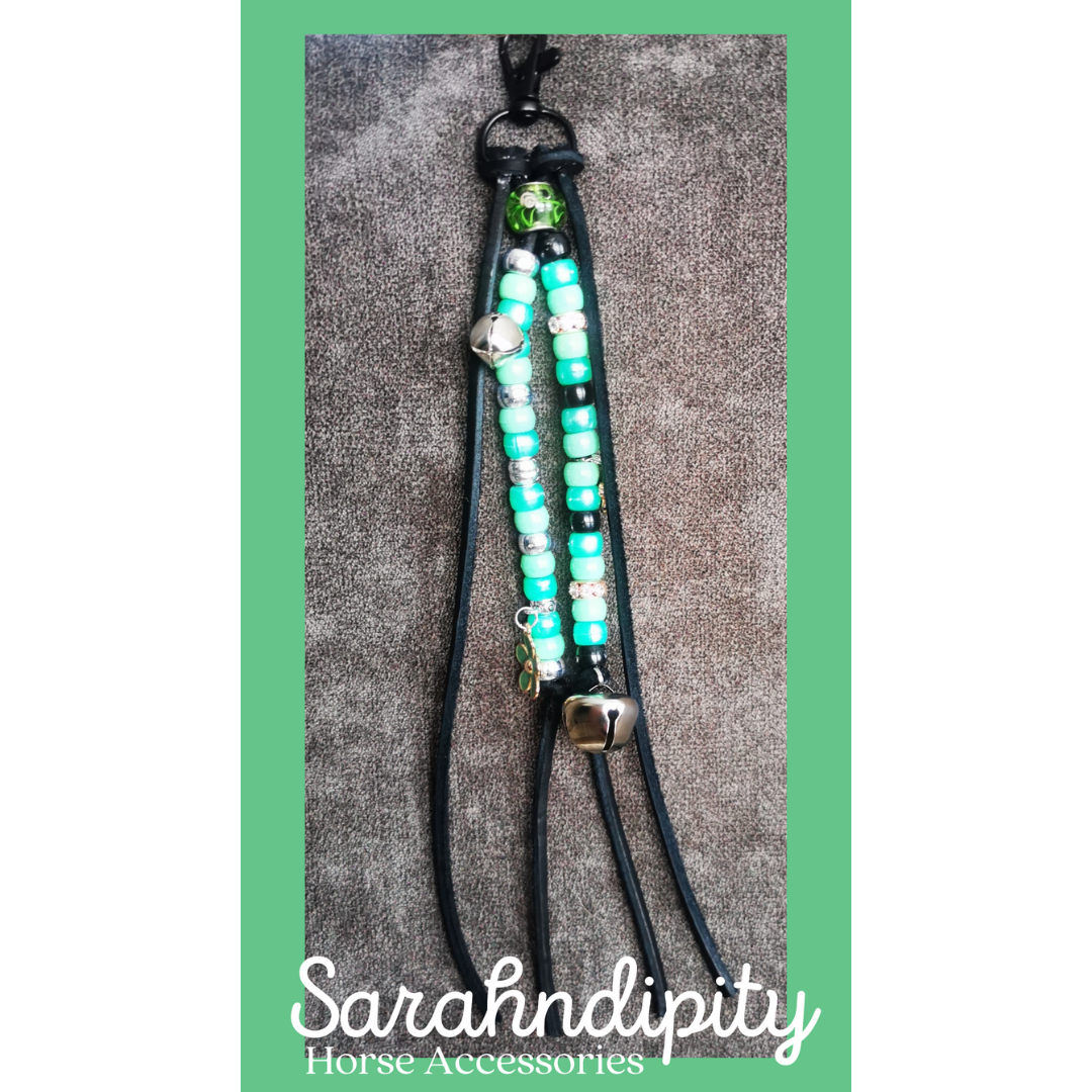 Saddle Charms in Black Leather with Green & Black Beads