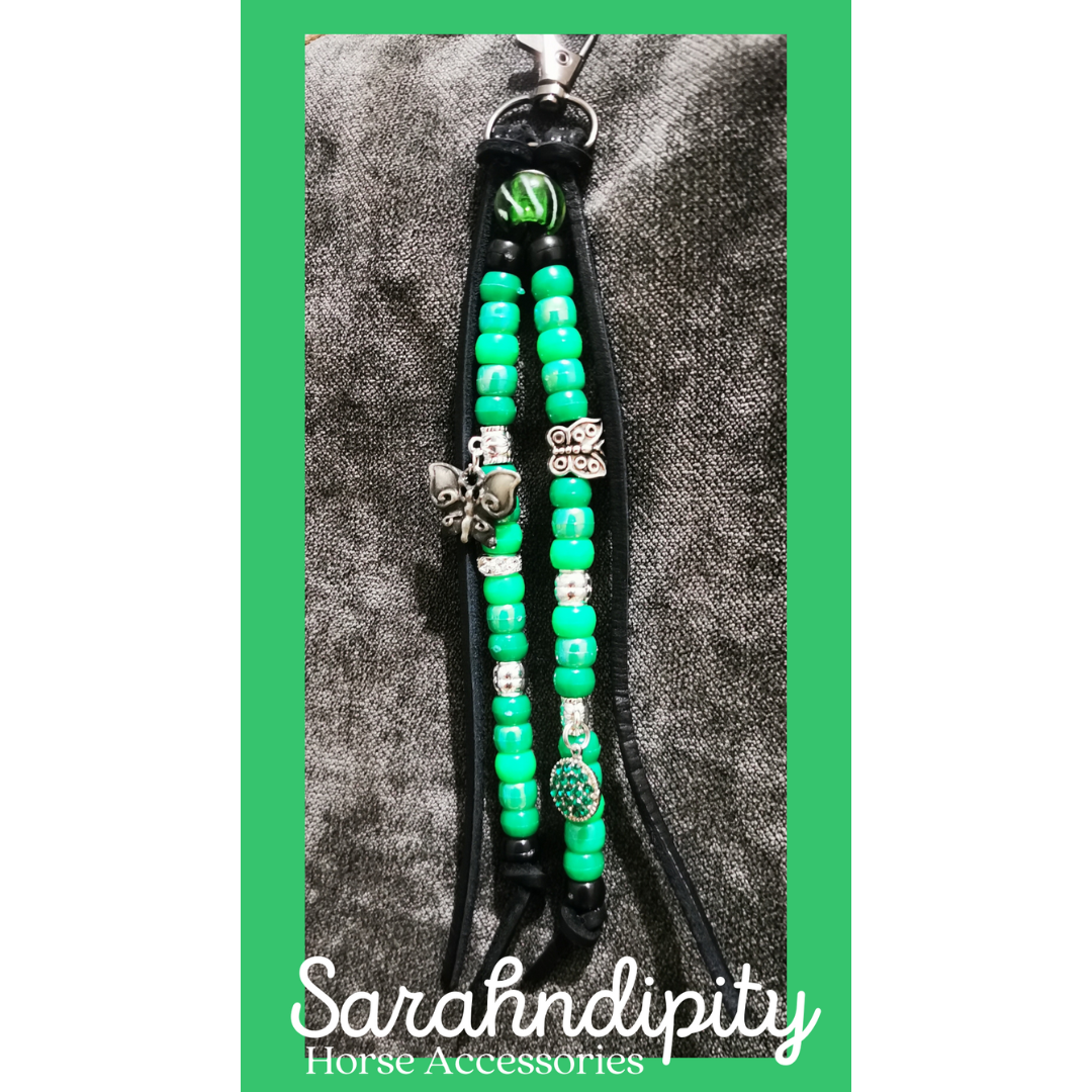 Saddle Charms in Black Leather with Green Beads