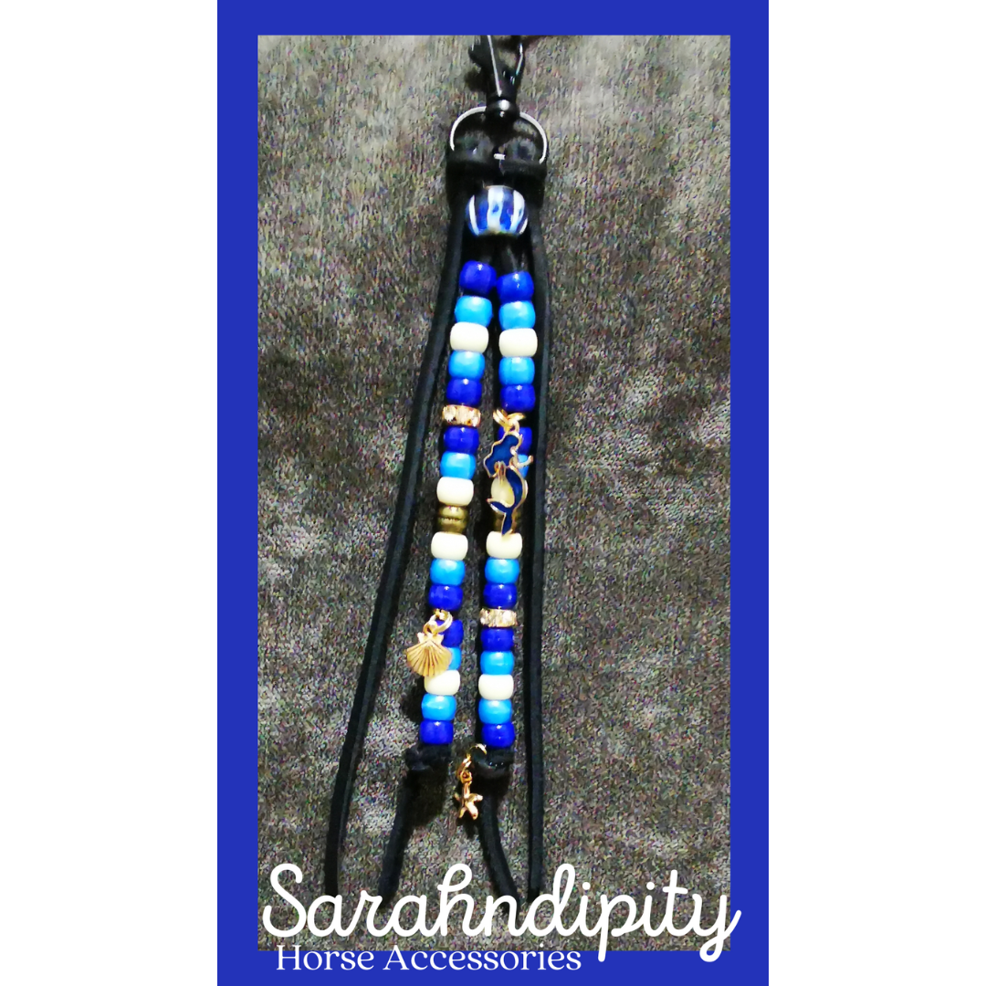 Saddle Charms in Black Leather with Blue & White Beads