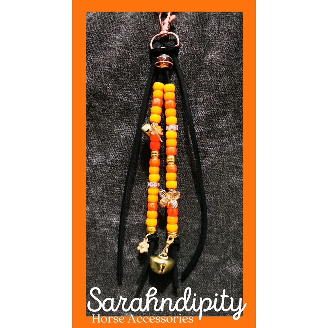 Saddle Charms in Black Leather with Orange Beads