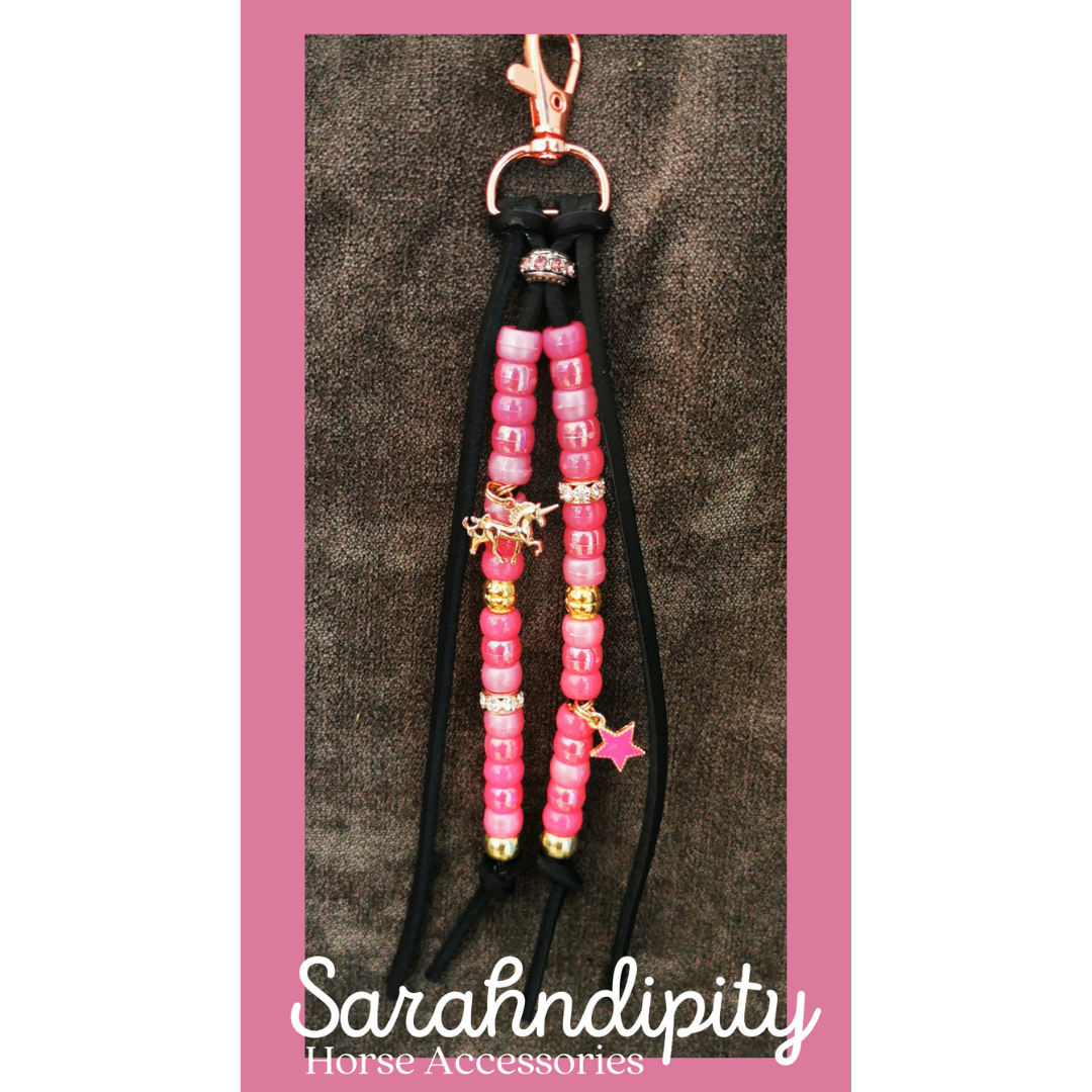Saddle Charms in Black Leather with Pink Beads