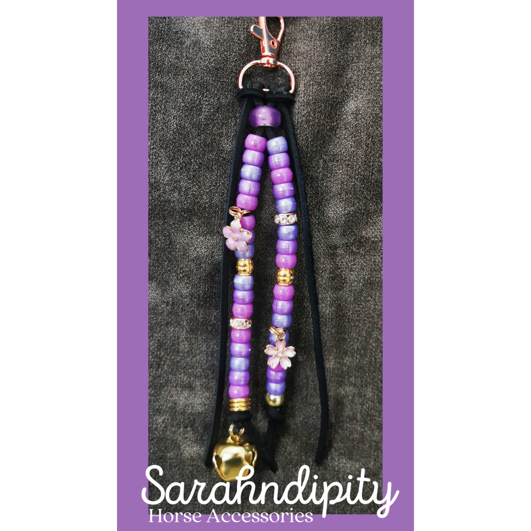 Saddle Charms in Black Leather with Lavender Beads