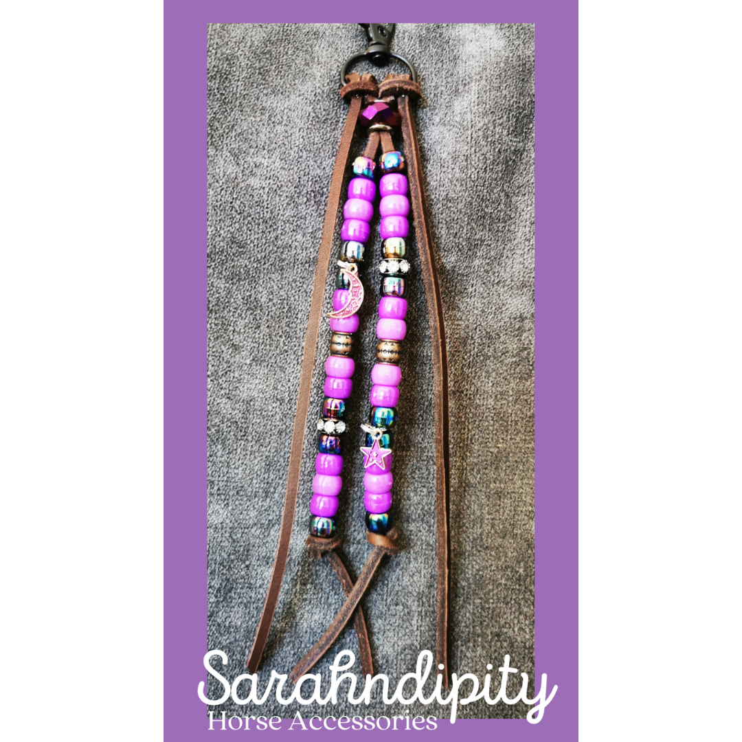 Saddle Charms in Brown Leather with Purple & Iridescent Black Beads