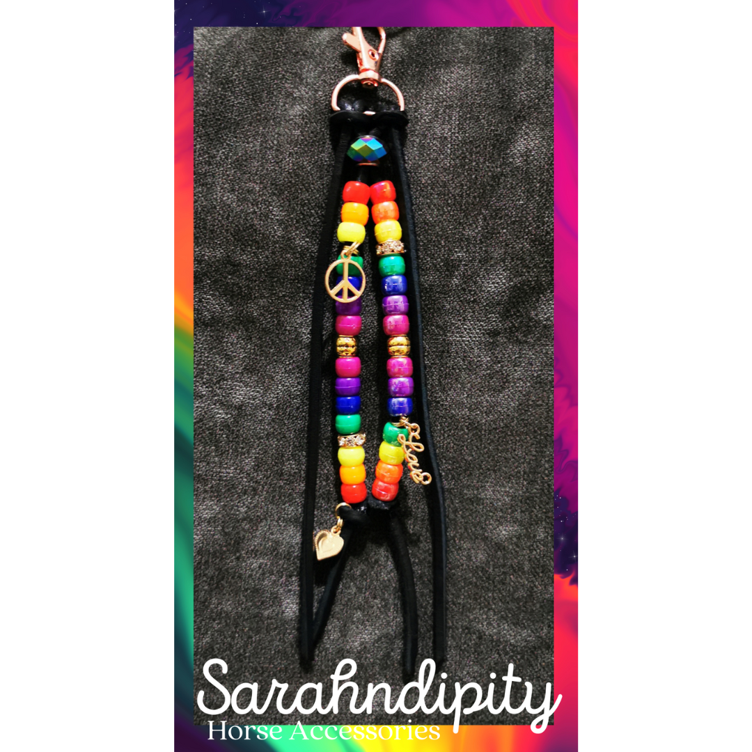 Saddle Charms in Black Leather with Rainbow Beads