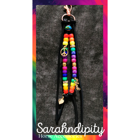 Saddle Charms in Black Leather with Rainbow Beads