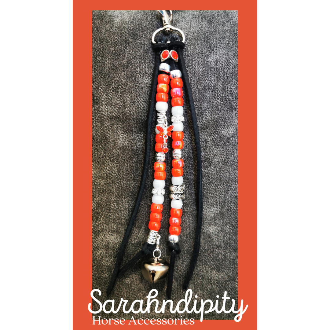 Saddle Charms in Black Leather with Read & White Beads