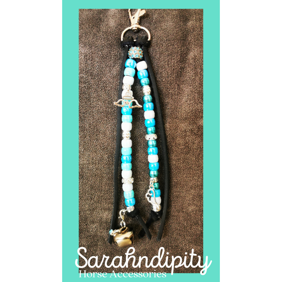 Saddle Charms in Black Leather with Turquoise & White Beads