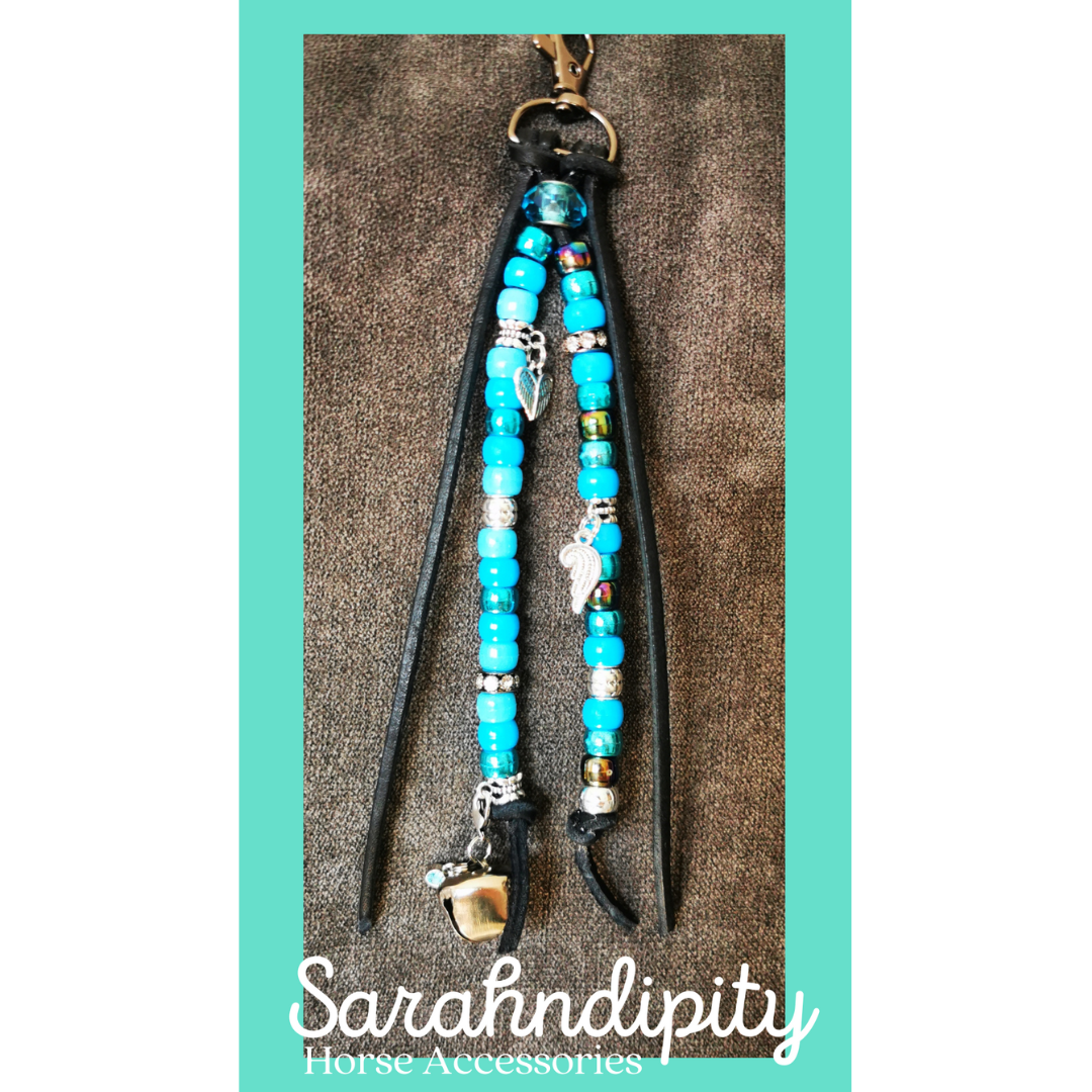 Saddle Charms Black Leather with Turquoise & Black Iridescent Beads