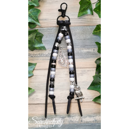 Saddle Charm - Black and white with Feather and Owl Charm